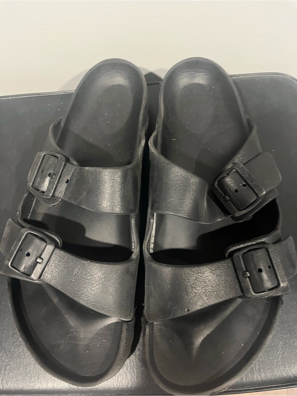 Birkenstock Black Two-Strap Buckle Slide Sandals
